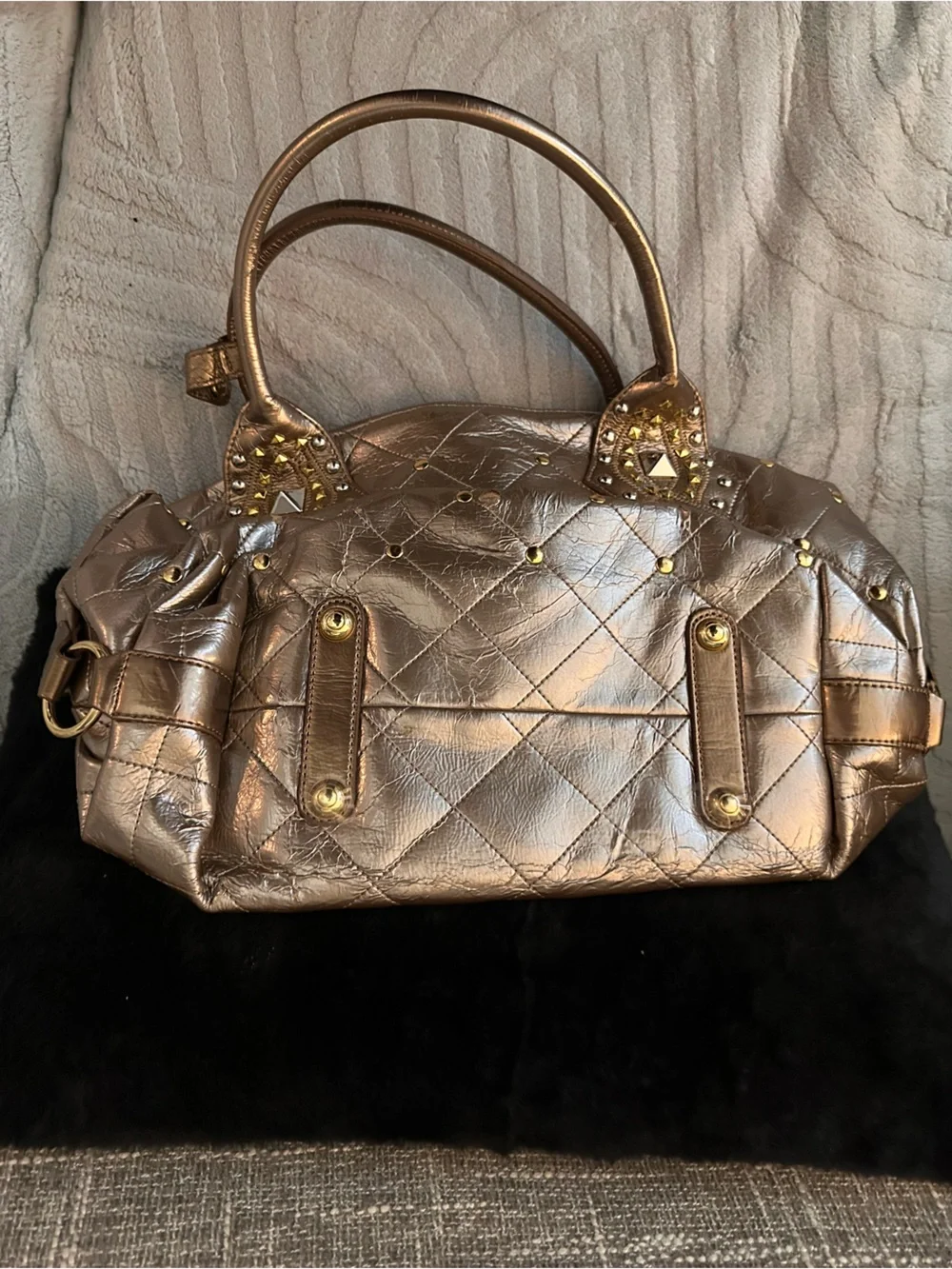 Sharif Metallic Bronze Quilted Studded Satchel